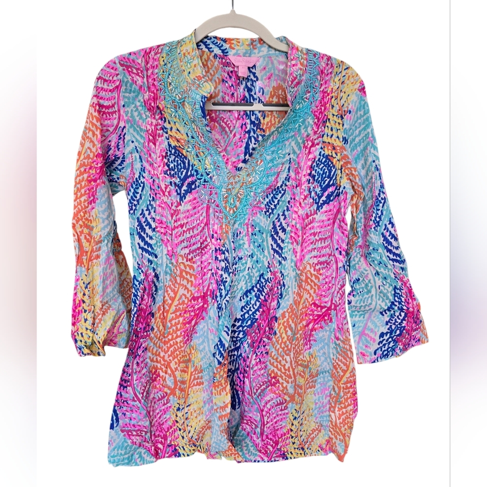Lilly Pulitzer Sarasota Electric Feel Tunic Beaded Size M Style 55351 - Picture 2 of 8